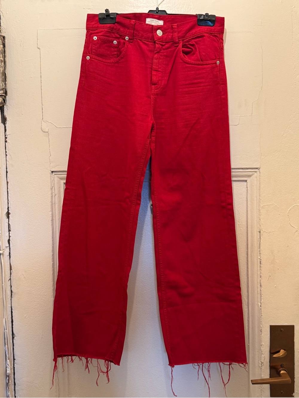 Zara Red Wide-Leg Jeans with Raw Hem
